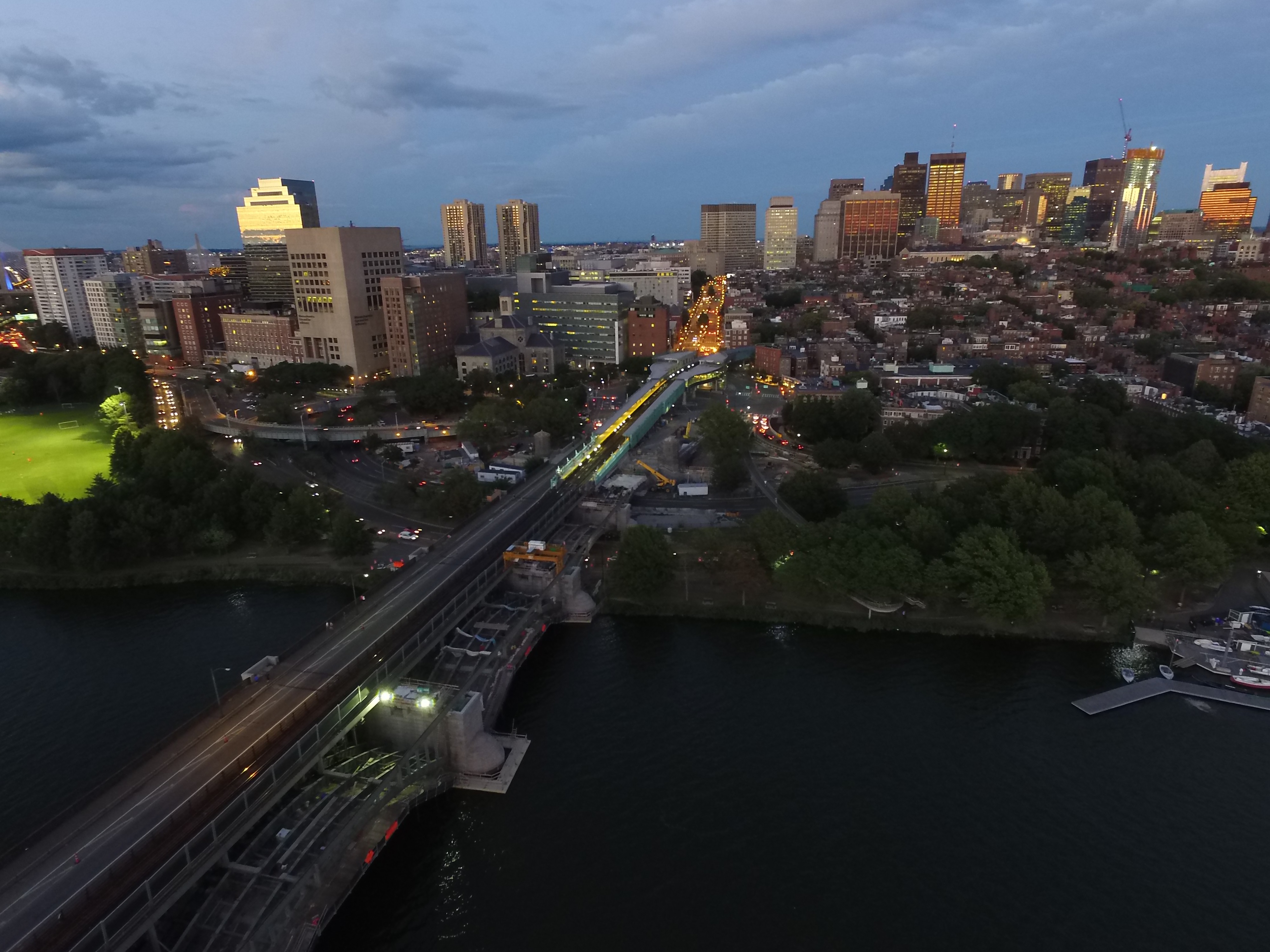 Drone photo of Boston at sunset from over the Charles River